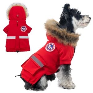 PINA Waterproof & Wind proof Warm Dog Coat. Faux Fur Hood. Red, Small. NWT